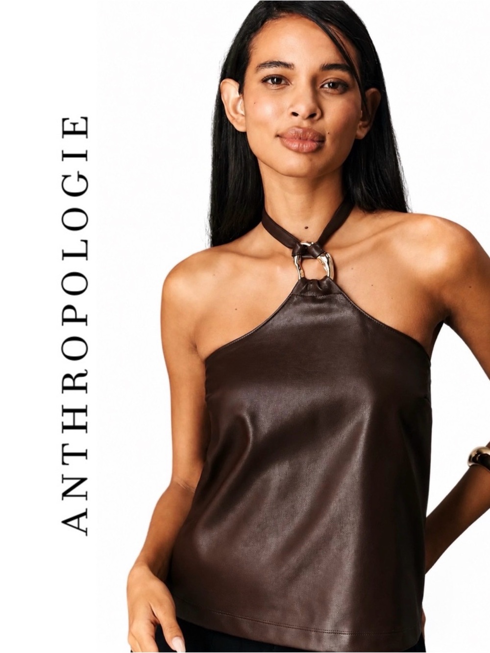 Brown Faux Leather Halter Tank Top